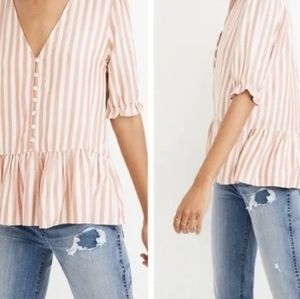 Madewell Medium NWOT Terracotta Peplum Ruffle Hem Top/Blouse Stripes Soft